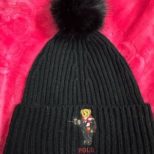 Black Knit Beanie with Bear Design and Pom Pom